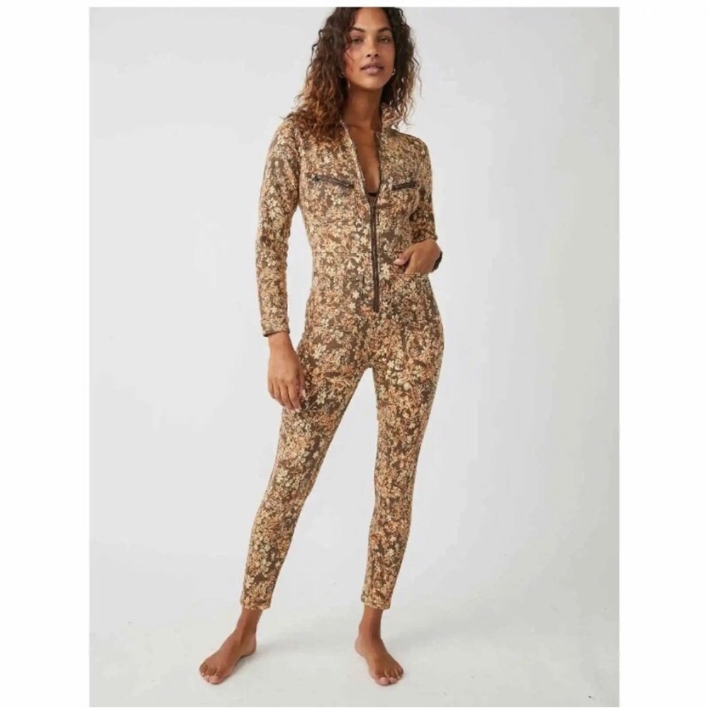Free People—Floral Zip-Front Jumpsuit in Brown & Cream, Sz  S